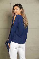 Double Take V-Neck Tie Cuff Slit Blouse Blouses - Tophatter Daily Deals