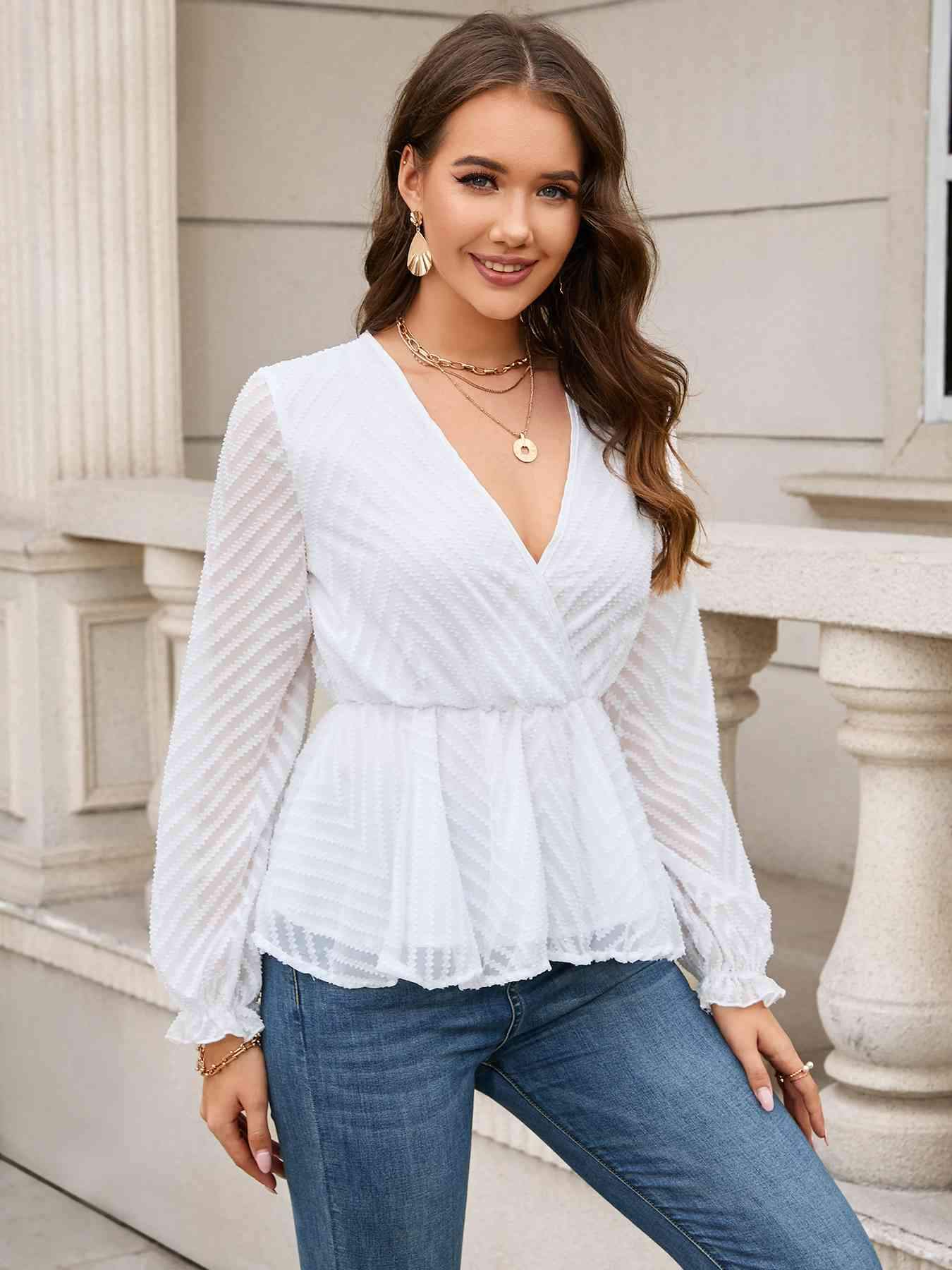 Surplice Neck Flounce Sleeve Babydoll Blouse White Blouses - Tophatter Daily Deals