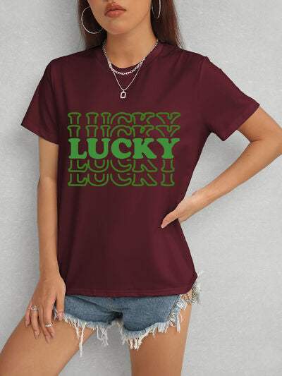 LUCKY Round Neck Short Sleeve T-Shirt Wine Women's T-Shirts - Tophatter Daily Deals