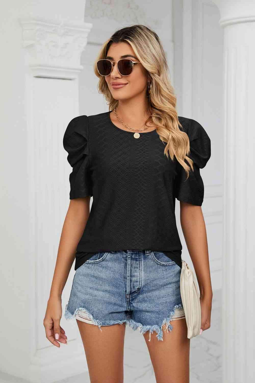 Eyelet Puff Sleeve Round Neck Blouse Blouses - Tophatter Daily Deals