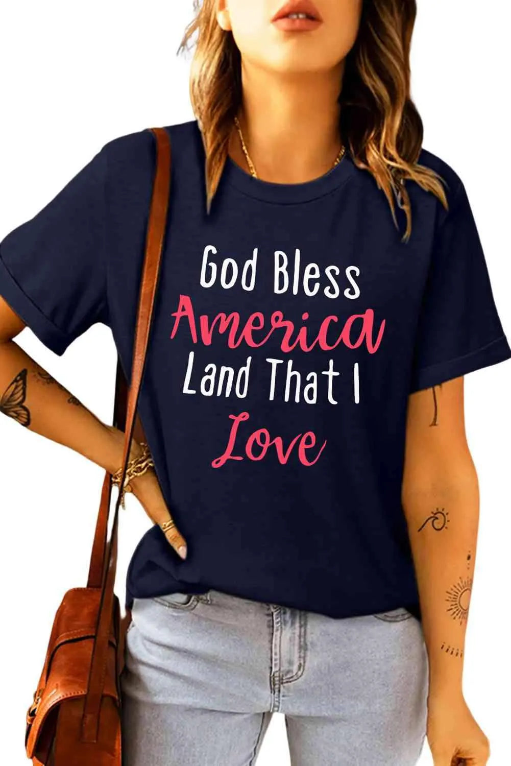 Slogan Graphic Round Neck Cuffed Tee Shirt Women's T-Shirts - Tophatter Daily Deals