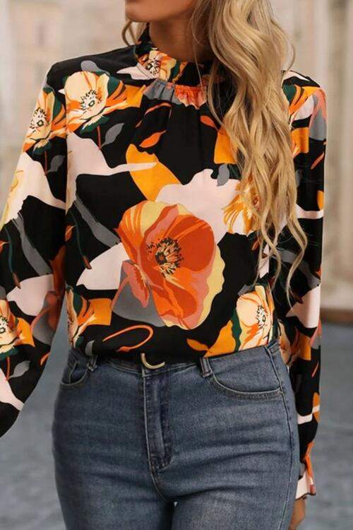 Floral Mock Neck Flounce Sleeve Blouse Blouses - Tophatter Daily Deals