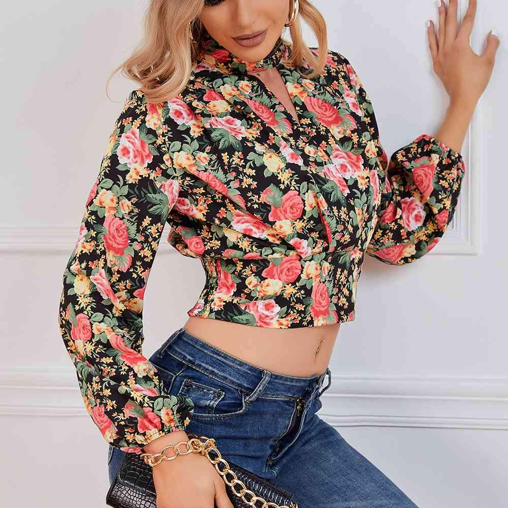 Cropped Floral Print Smocked Waist Blouse Blouses - Tophatter Daily Deals