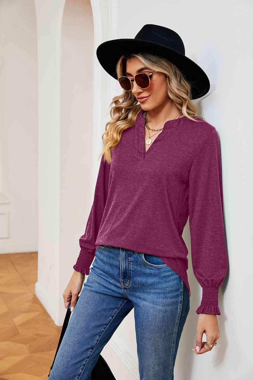 Notched Neck Long Sleeve Blouse Blouses - Tophatter Daily Deals