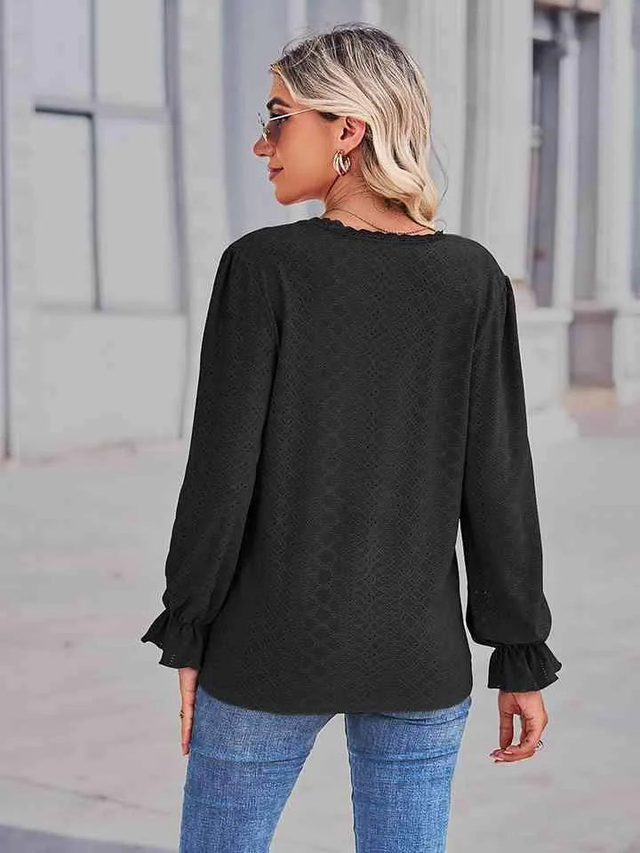 Eyelet V-Neck Flounce Sleeve Blouse Blouses - Tophatter Daily Deals