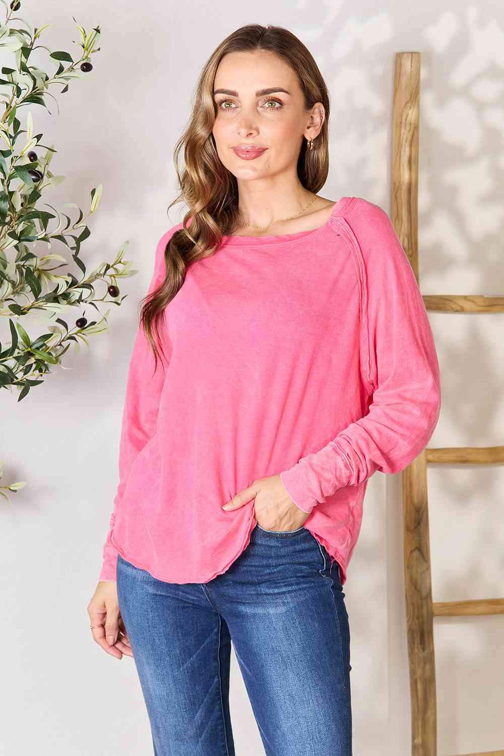 Zenana Round Neck Long Sleeve Top Fuchsia Blouses - Tophatter Daily Deals