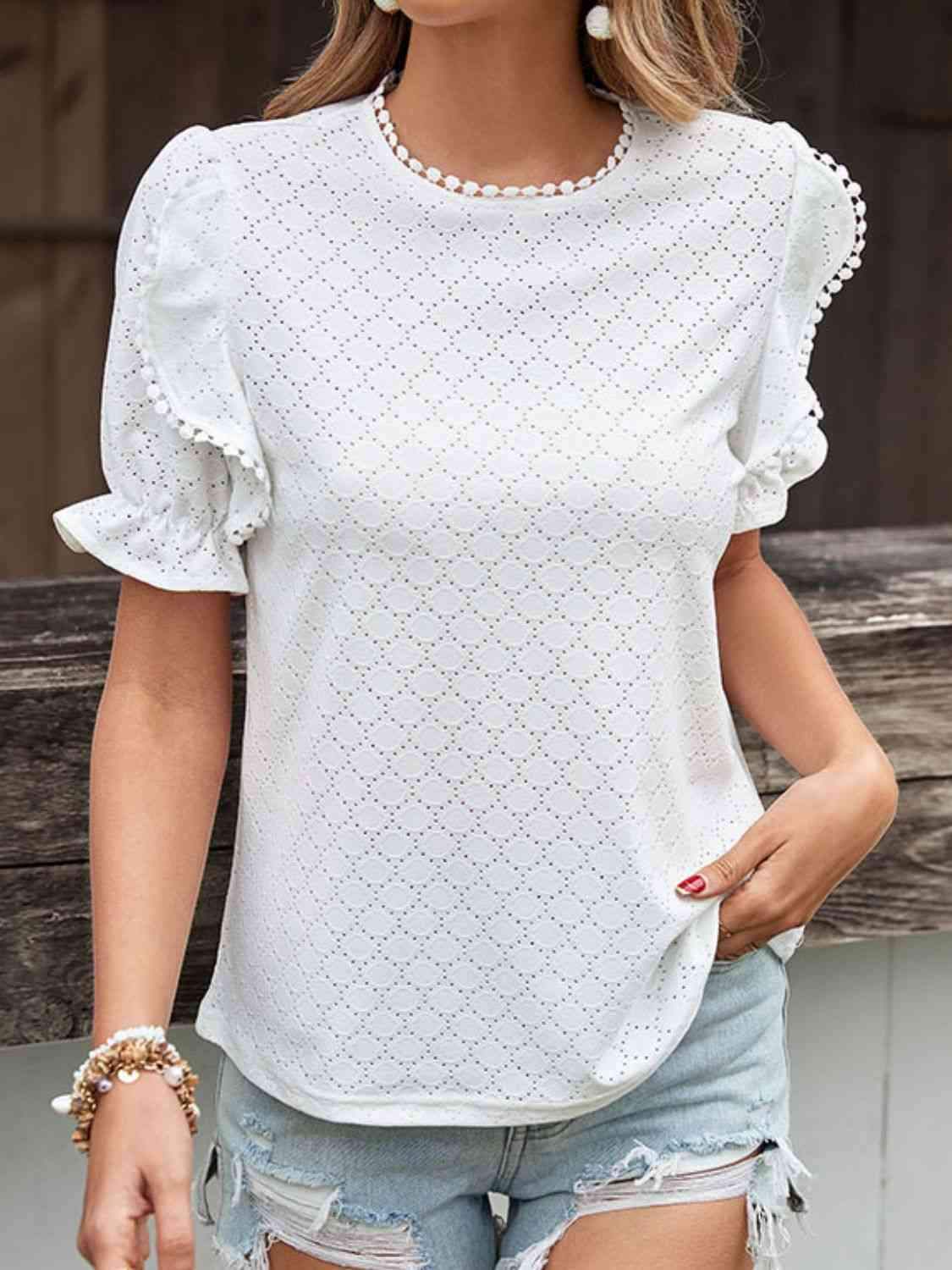 Pom Pom Detail Openwork Flounce Sleeve Blouse White Blouses - Tophatter Daily Deals