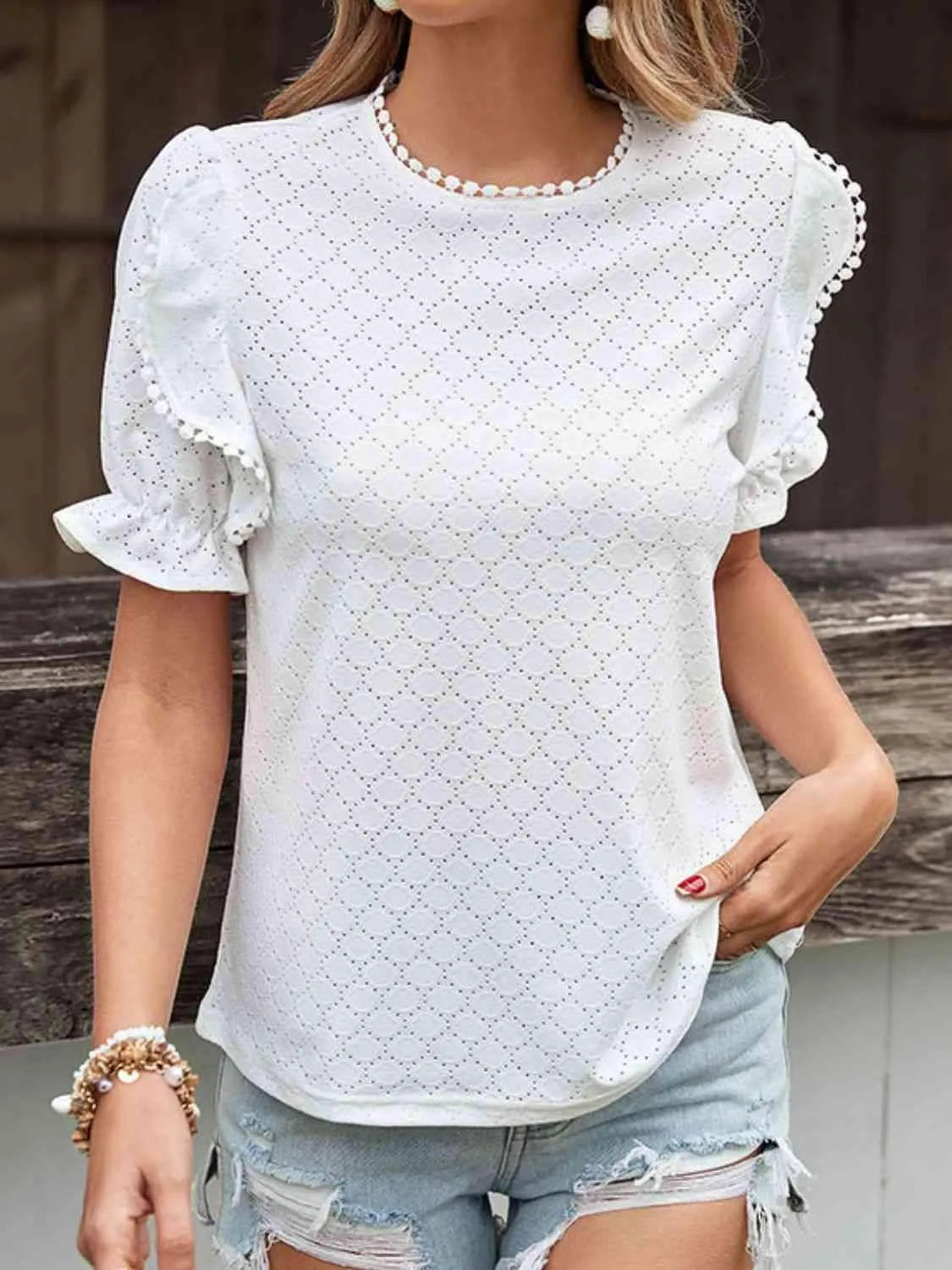 Pom Pom Detail Openwork Flounce Sleeve Blouse White Blouses - Tophatter Daily Deals