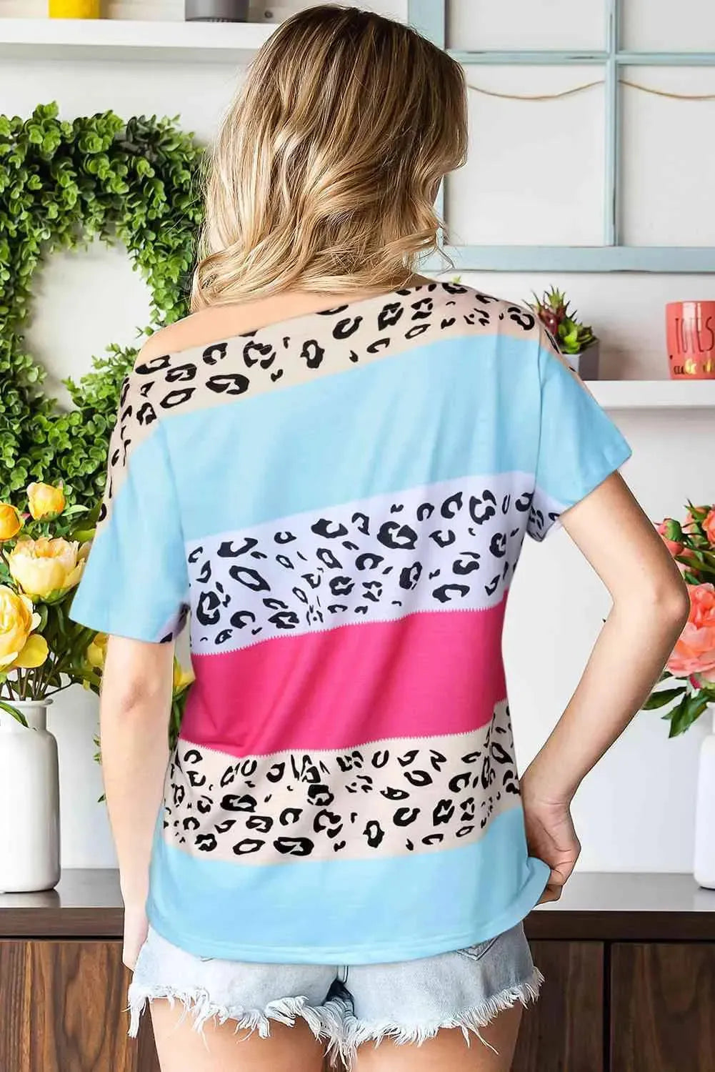 Leopard Print Color Block Tee Shirt Women's T-Shirts - Tophatter Daily Deals