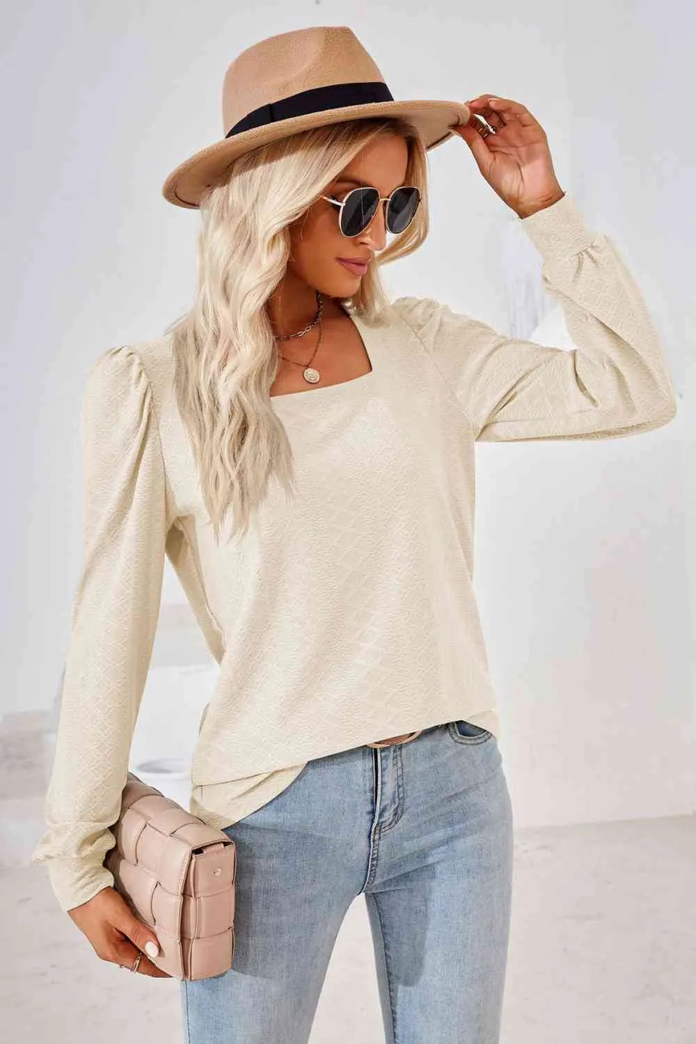 Square Neck Puff Sleeve Blouse Blouses - Tophatter Daily Deals