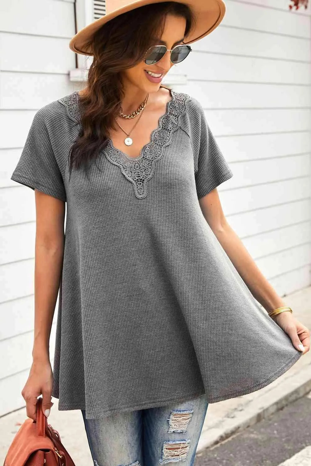 Lace Trim Waffle-Knit V-Neck Top Blouses - Tophatter Daily Deals