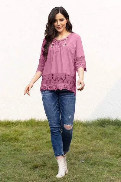 Tie Neck Lace Detail Half Sleeve Blouse Deep Rose Blouses - Tophatter Daily Deals