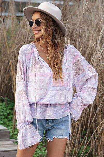 Printed Tie Neck Flounce Sleeve Blouse Lavender Blouses - Tophatter Daily Deals