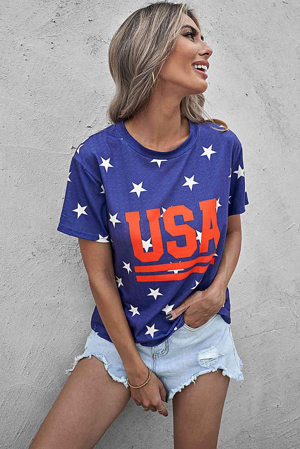 USA Star Print Round Neck T-Shirt Women's T-Shirts - Tophatter Daily Deals