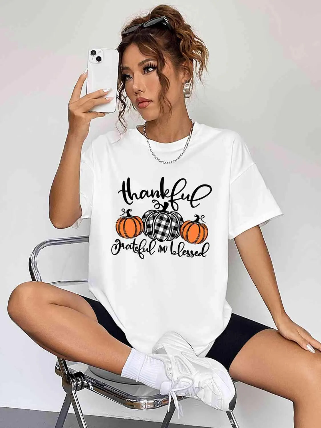 Round Neck Short Sleeve Fall Season Graphic T-Shirt Women's T-Shirts - Tophatter Daily Deals