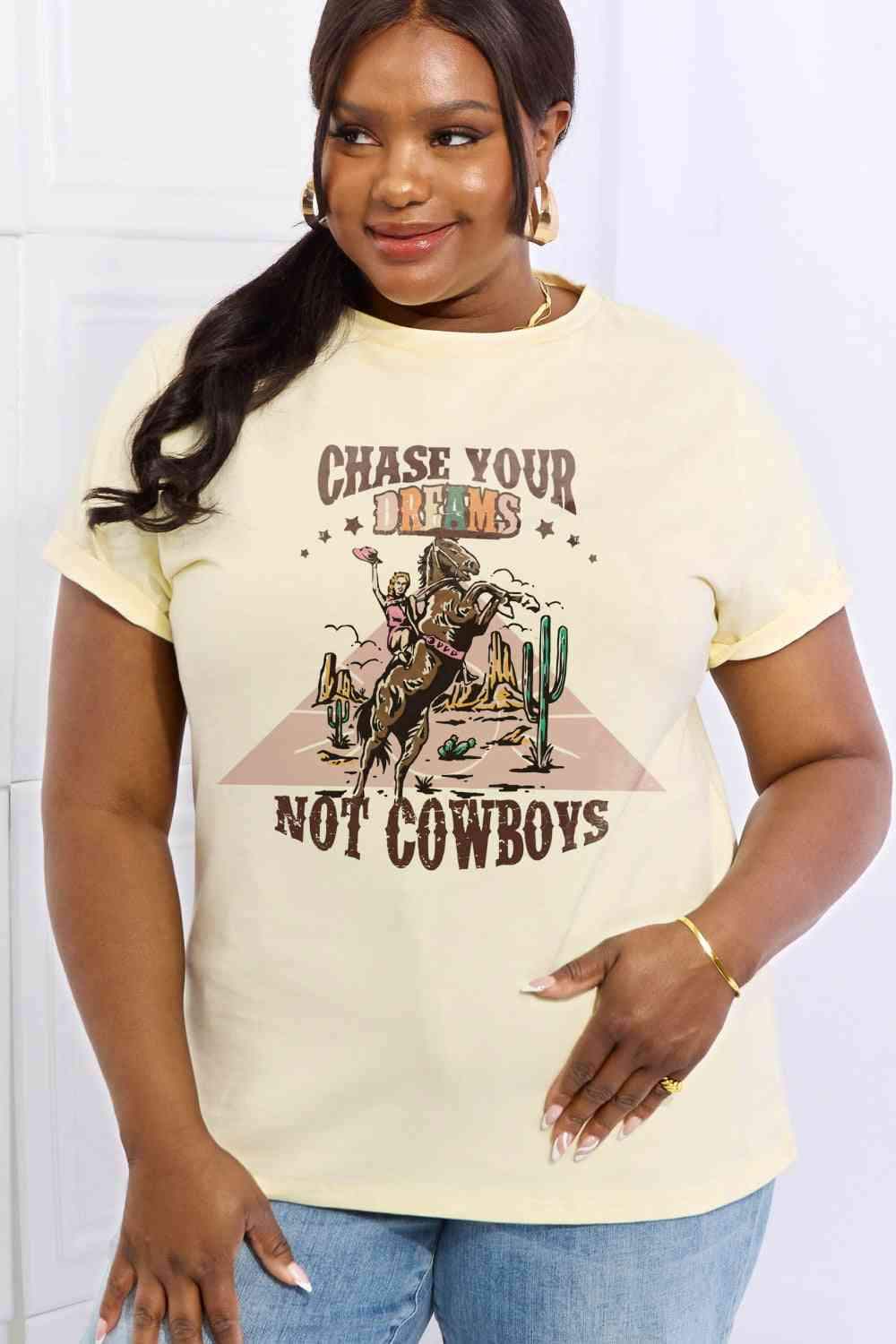 Simply Love Full Size CHASE YOUR DREAMS NOT COWBOYS Graphic Cotton Tee - Tophatter Daily Deals