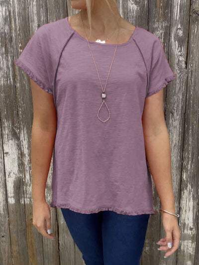 Raw Hem Round Neck Short Sleeve T-Shirt Lilac Women's T-Shirts - Tophatter Daily Deals