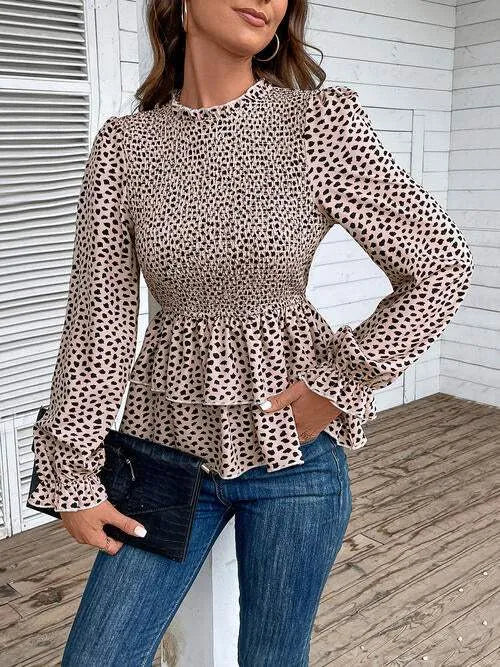 Printed Round Neck Smocked Flounce Sleeve T-Shirt Blouses - Tophatter Daily Deals