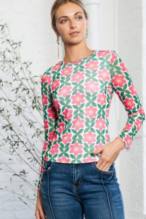 Floral Round Neck Long Sleeve Top Blouses - Tophatter Daily Deals