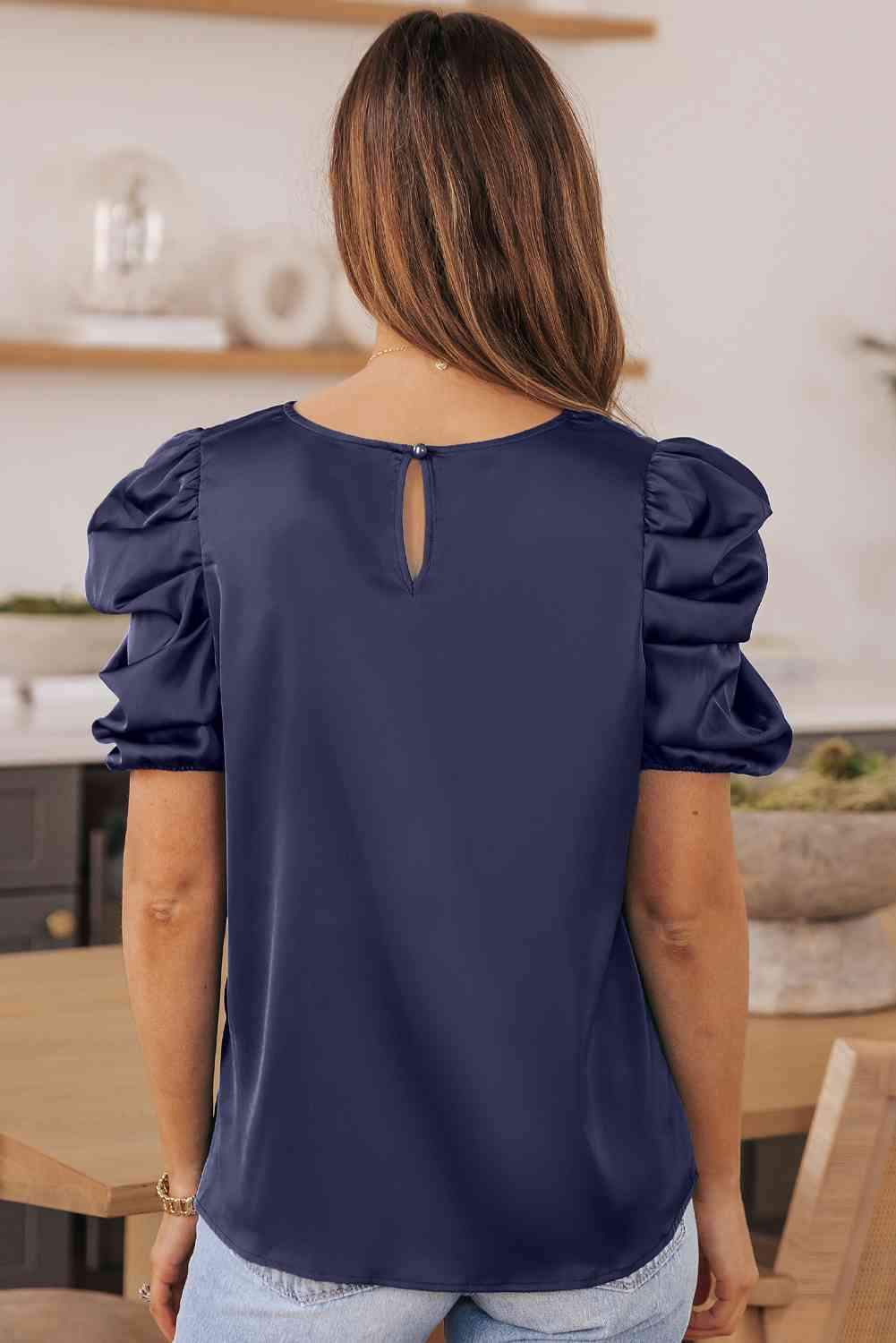 Puff Sleeve Round Neck Blouse Blouses - Tophatter Daily Deals