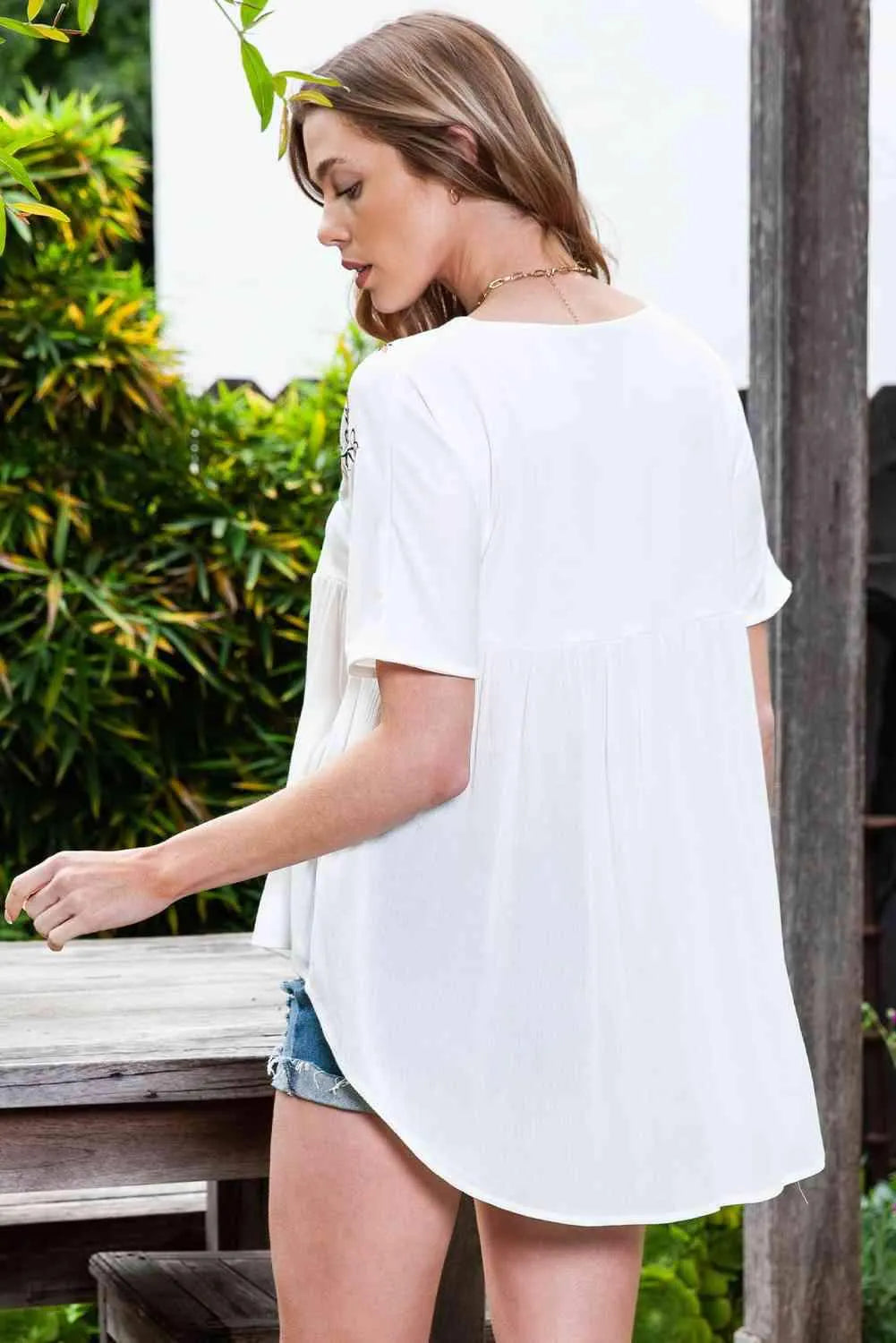 Embroidered V-Neck Babydoll Blouse Blouses - Tophatter Daily Deals