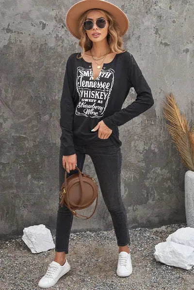 Letter Graphic Notched Long Sleeve T-Shirt Women's T-Shirts - Tophatter Daily Deals