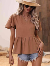 Ribbed Flutter Sleeve Notched Peplum Blouse Blouses - Tophatter Daily Deals