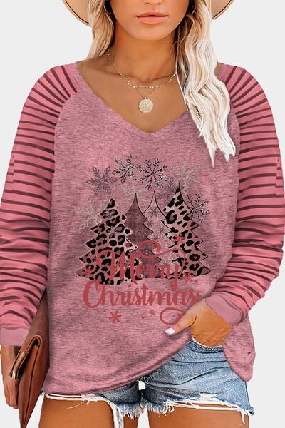 Plus Size MERRY CHRISTMAS Striped Round Neck T-Shirt Dusty Pink Women's T-Shirts - Tophatter Daily Deals