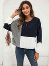 Three-Tone Color Block Dropped Shoulder Long Sleeve Tee Gray Navy Blouses - Tophatter Daily Deals