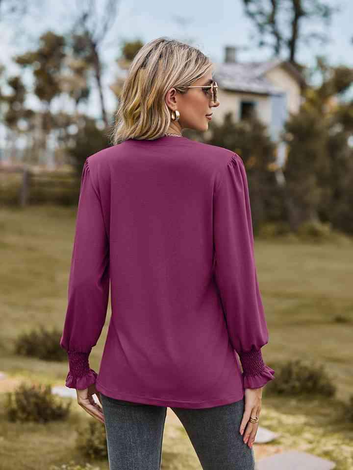 Notched Neck Flounce Sleeve Blouse Blouses - Tophatter Daily Deals