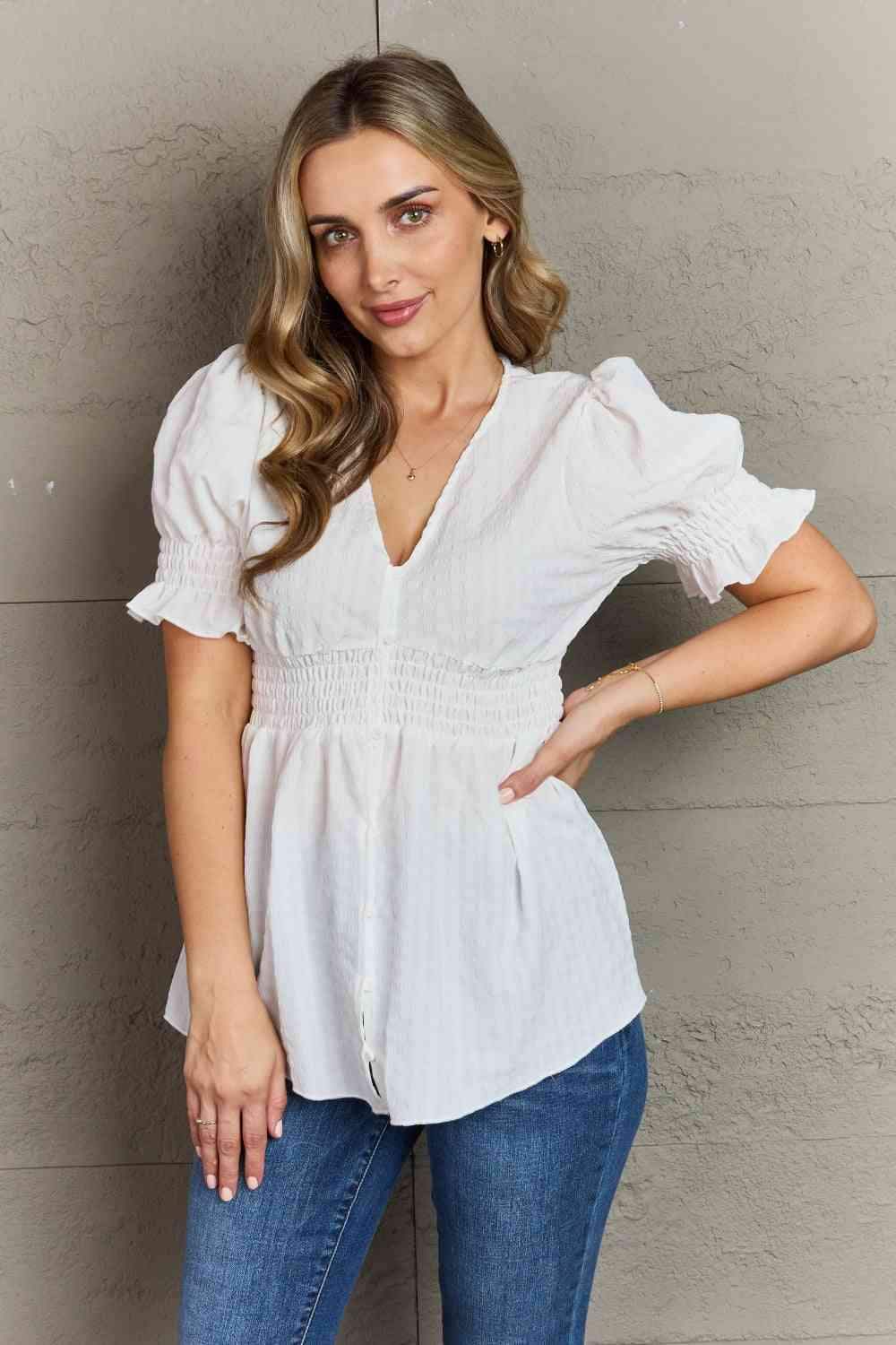 Culture Code Sweet Serenity Full Size V-Neck Puff Sleeve Button Down Top Blouses - Tophatter Daily Deals