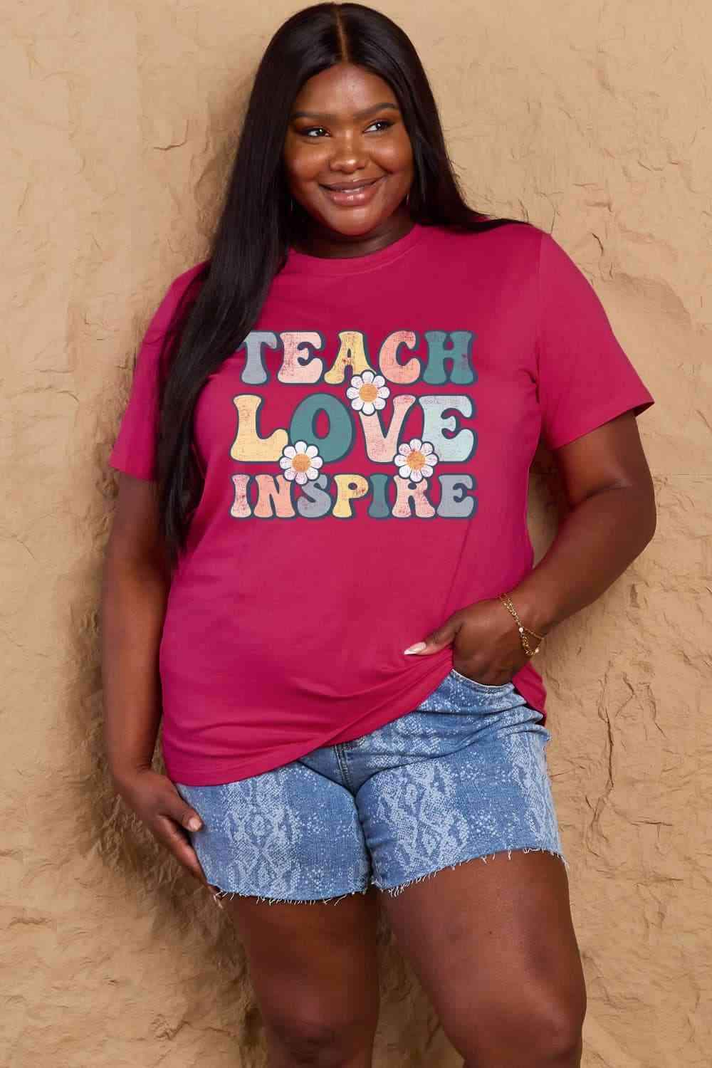 Simply Love Full Size TEACH LOVE INSPIRE Graphic Cotton T-Shirt Women's T-Shirts - Tophatter Daily Deals