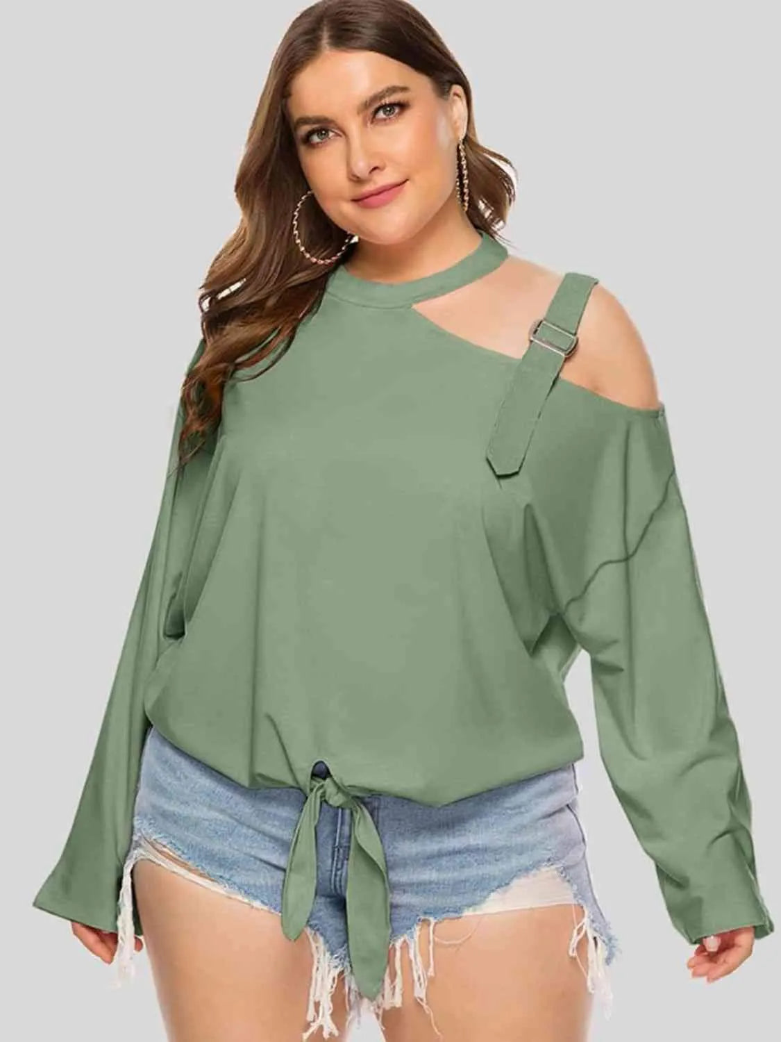 Plus Size Cold-Shoulder Tied Top Gum Leaf Blouses - Tophatter Daily Deals