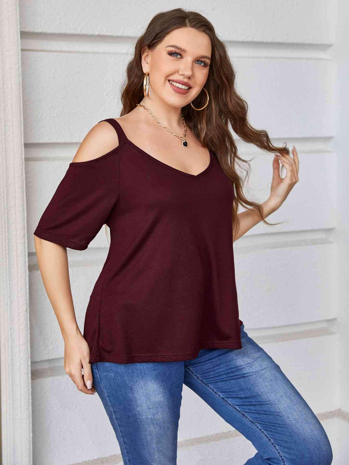 Plus Size V-Neck Cold-Shoulder Blouse Blouses - Tophatter Daily Deals