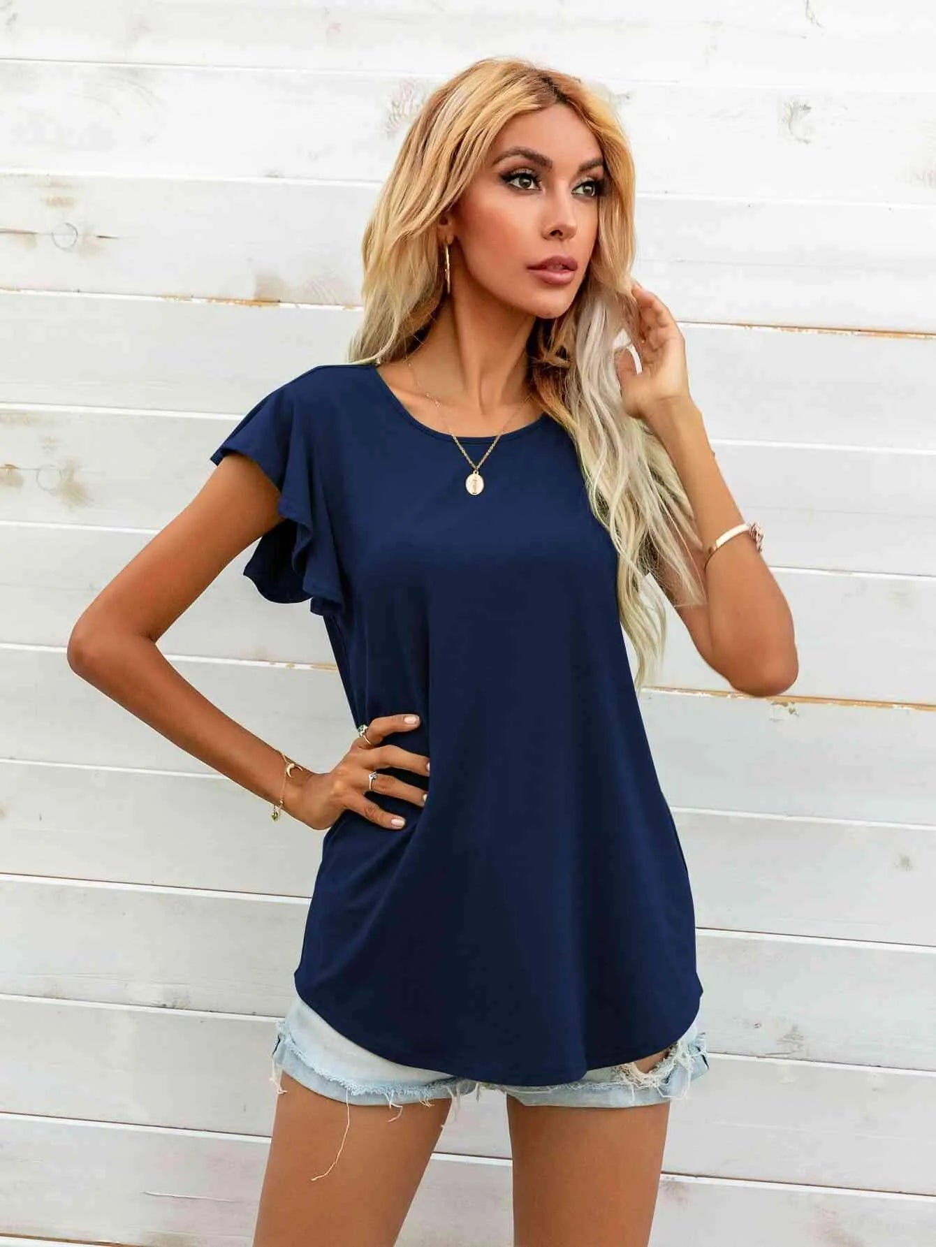Round Neck Butterfly Sleeve Top Blouses - Tophatter Daily Deals