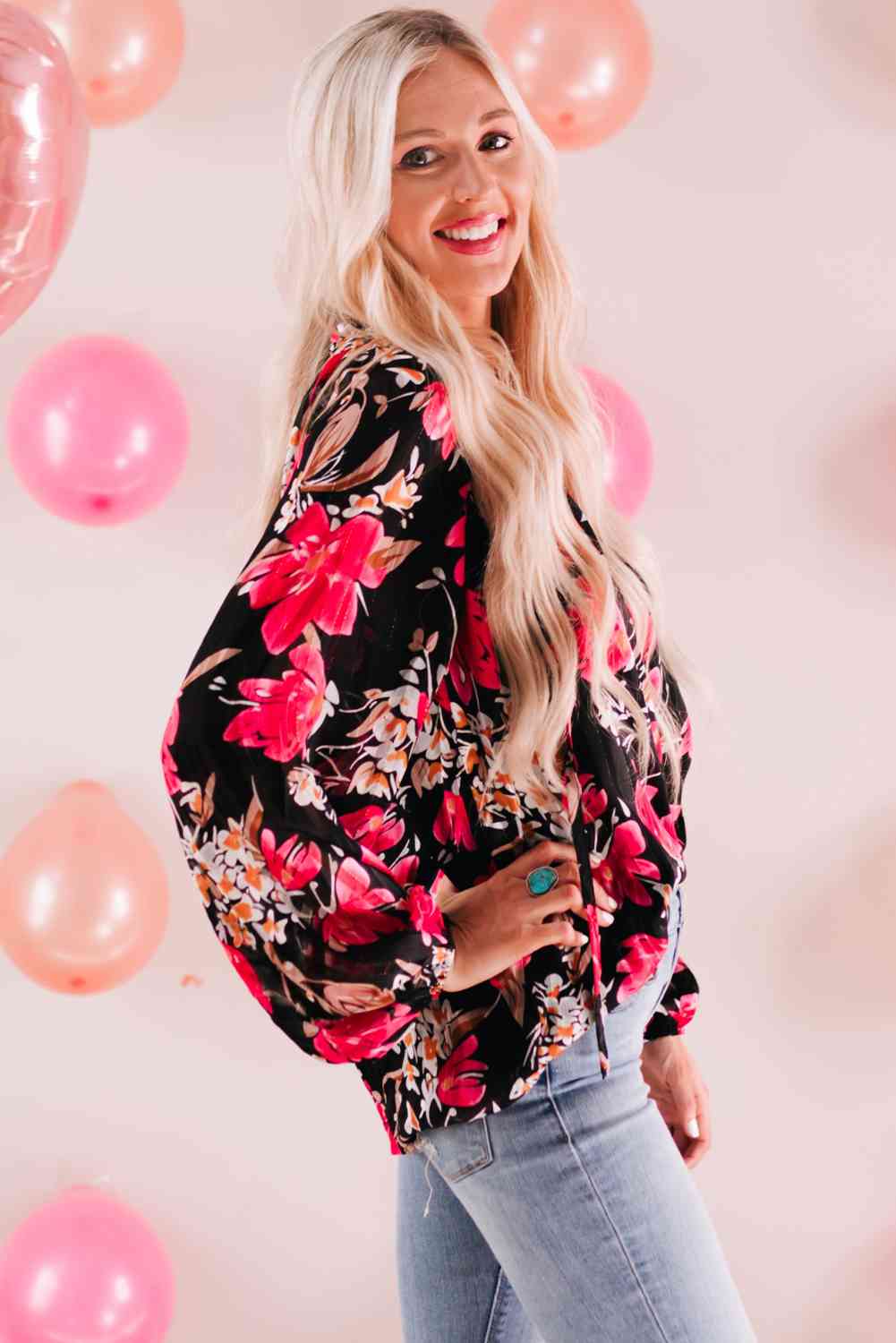 Floral V-Neck Balloon Sleeve Blouse - Tophatter Deals
