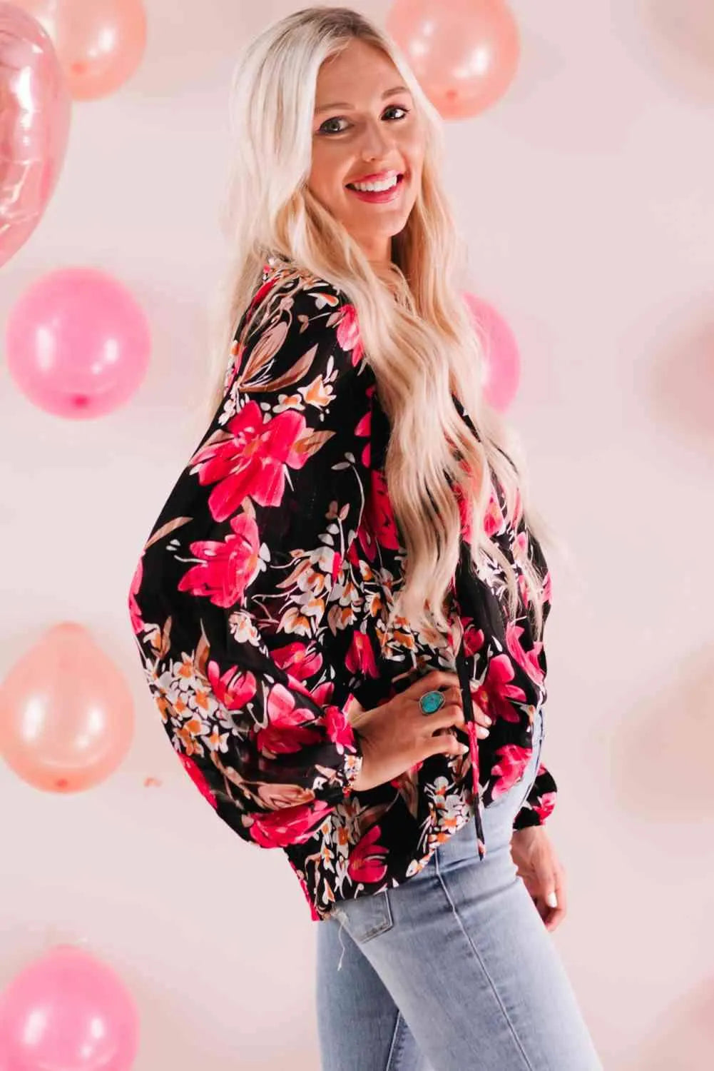 Floral V-Neck Balloon Sleeve Blouse Blouses - Tophatter Daily Deals