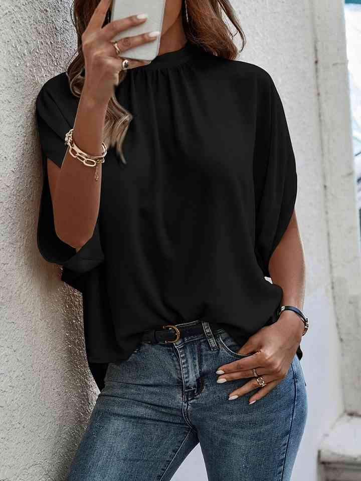 Round Neck Slit Sleeve Blouse Blouses - Tophatter Daily Deals