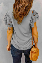 Round Neck Openwork Flutter Sleeve Top Blouses - Tophatter Daily Deals