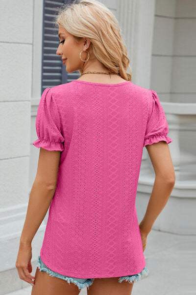 Eyelet Round Neck Flounce Sleeve T-Shirt Women's T-Shirts - Tophatter Daily Deals