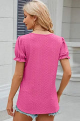 Eyelet Round Neck Flounce Sleeve T-Shirt Women's T-Shirts - Tophatter Daily Deals
