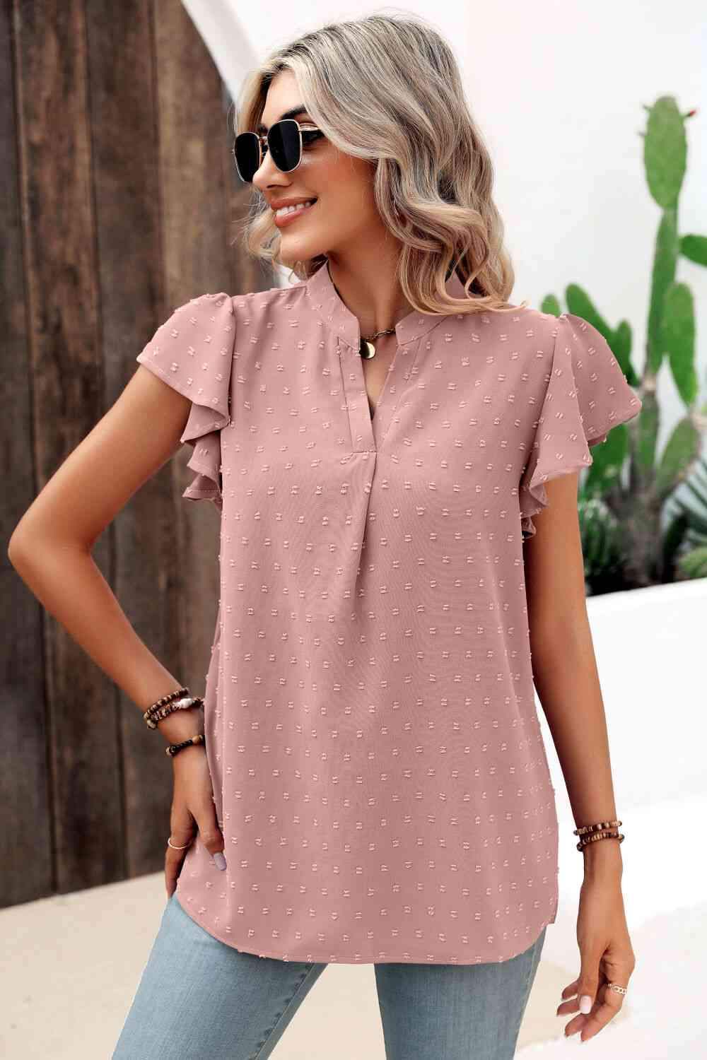 Swiss Dot Flutter Sleeve Notched Neck Blouse Blouses - Tophatter Daily Deals