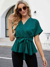 Surplice Neck Short Sleeve Front Tie Ruffle Hem Blouse Teal Blouses - Tophatter Daily Deals