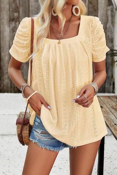 Eyelet Square Neck Puff Sleeve T-Shirt Women's T-Shirts - Tophatter Daily Deals