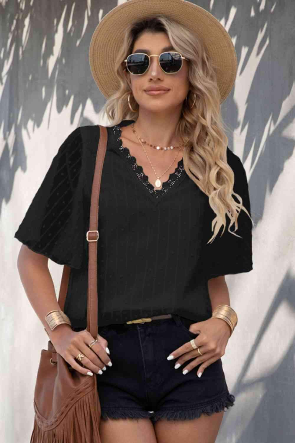 Swiss Dot Lace Trim Flutter Sleeve V-Neck Blouse Black Blouses - Tophatter Daily Deals