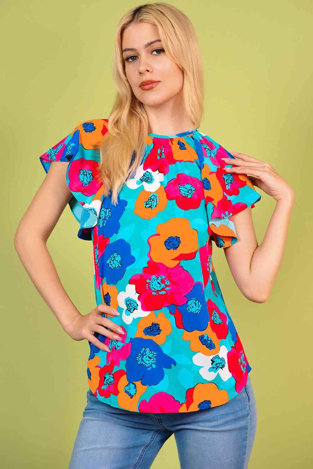 Floral Round Neck Tied Blouse Blouses - Tophatter Daily Deals