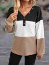 Color Block V-Neck Decorative Button Blouse Blouses - Tophatter Daily Deals