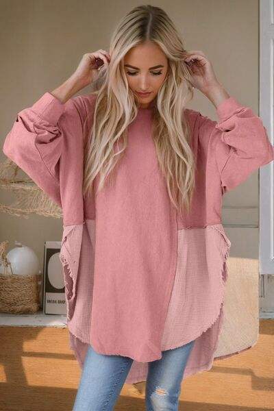 Contrast Texture Round Neck Long Sleeve Blouse Blouses - Tophatter Daily Deals