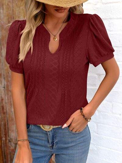 Eyelet Notched Puff Sleeve T-Shirt Women's T-Shirts - Tophatter Daily Deals