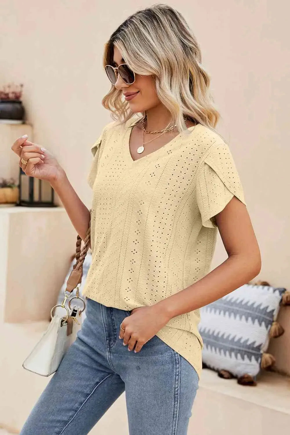 Eyelet Petal Sleeve V-Neck Knit Top Blouses - Tophatter Daily Deals
